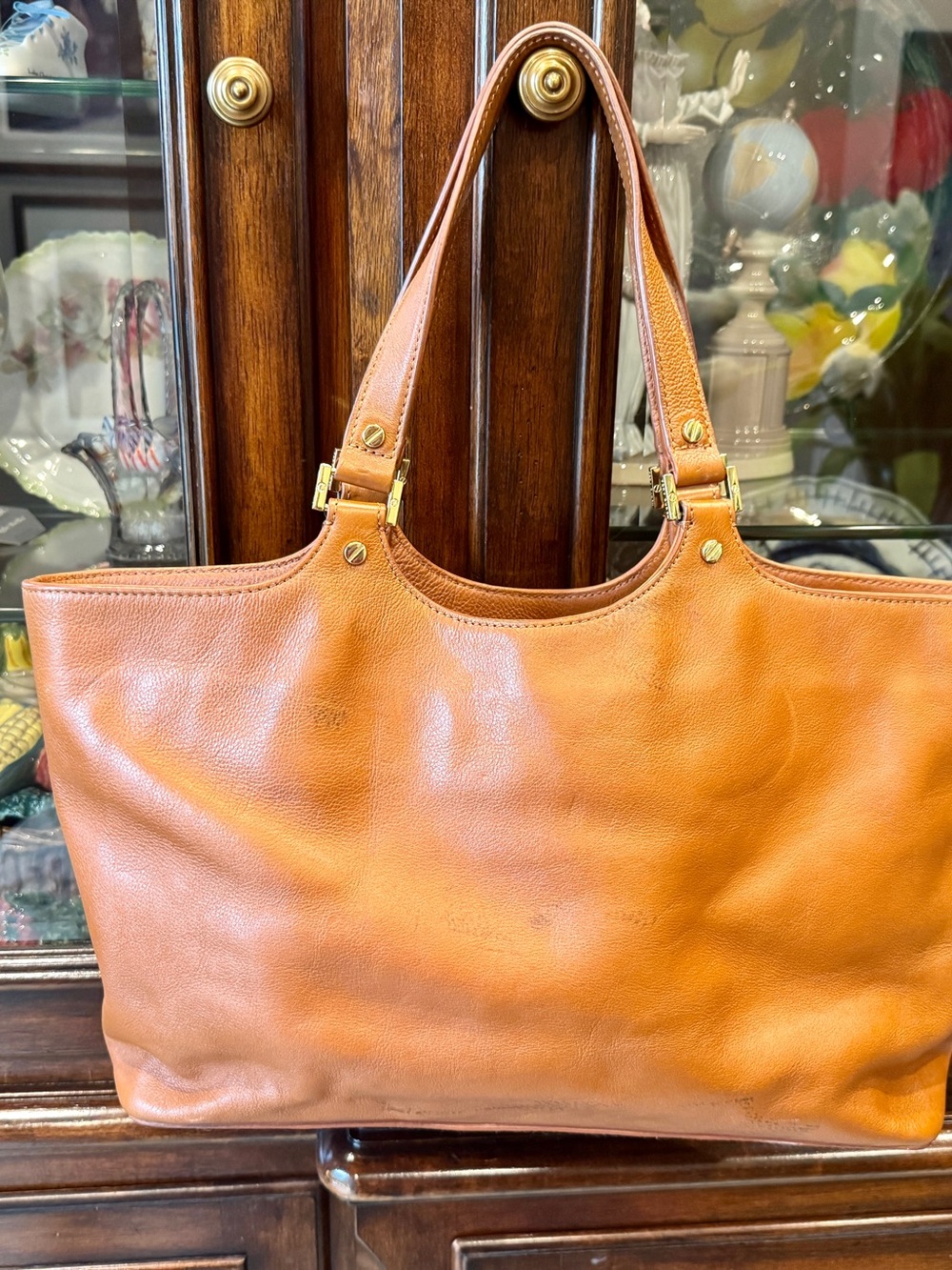 Tory Burch Cognac Leather Logo Tote - Picture 2 of 16